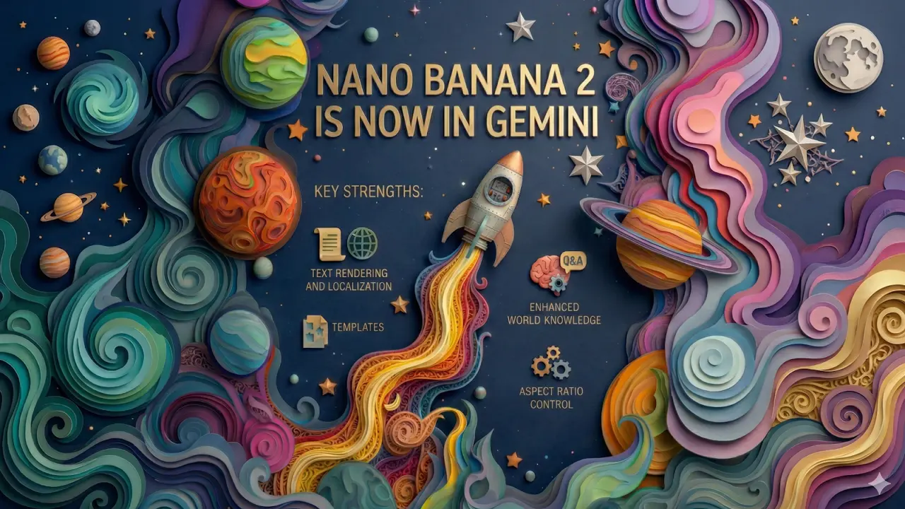 Google's paper-craft announcement art for Nano Banana 2, with clean rendered text.