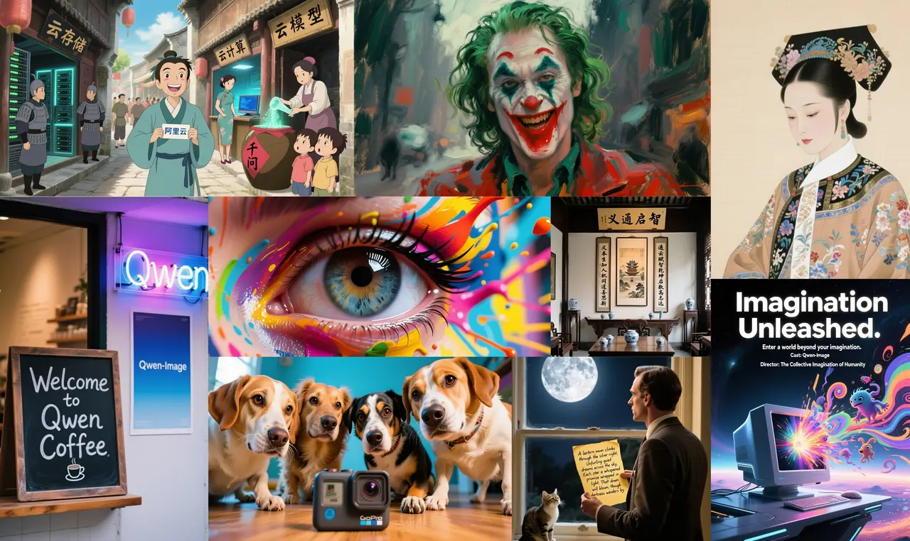 Official Qwen-Image showcase montage spanning posters, portraits and multilingual text.