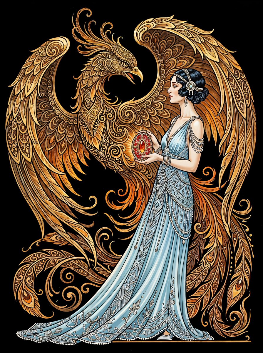Art Deco woman & phoenix