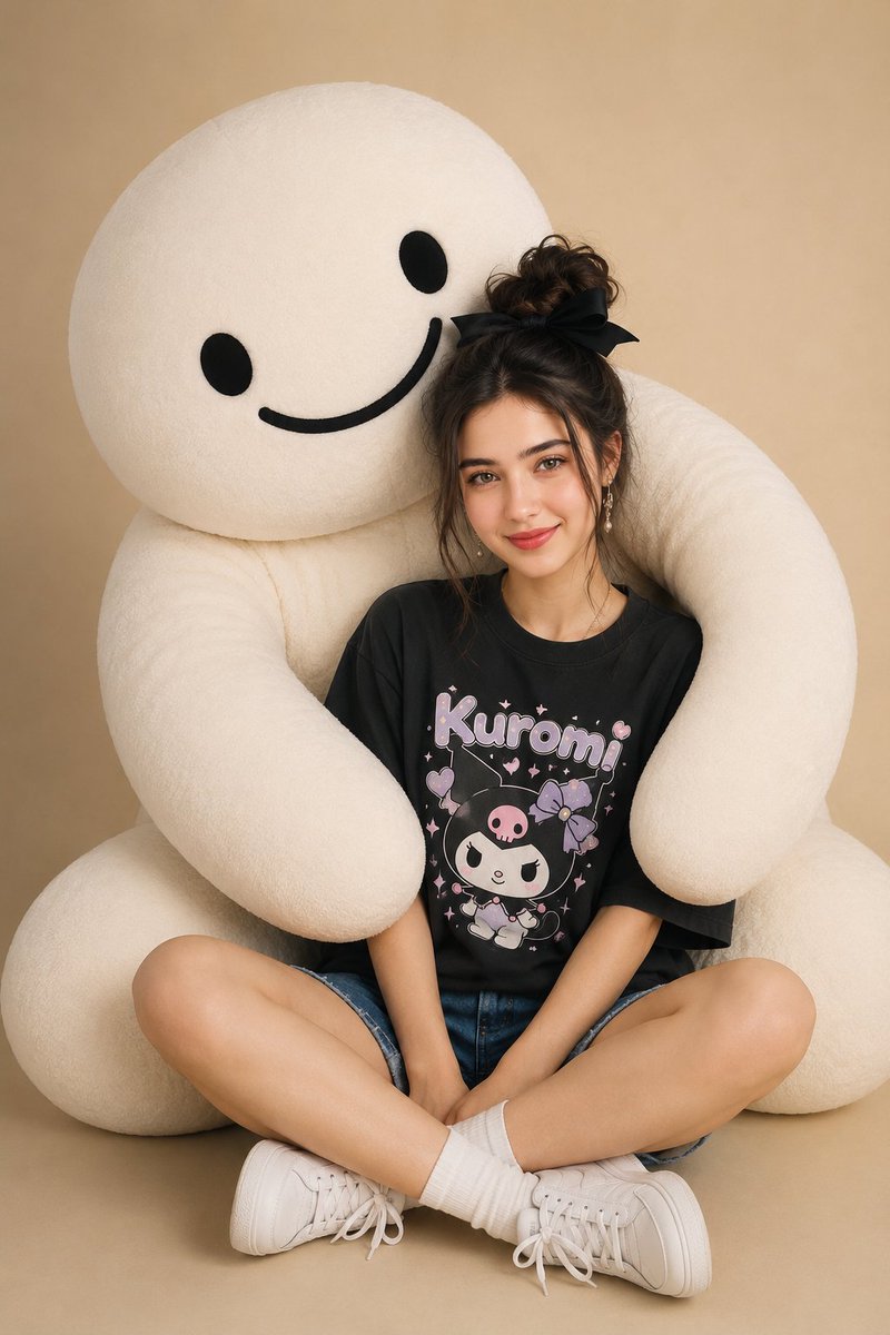 Portrait with giant plush mascot