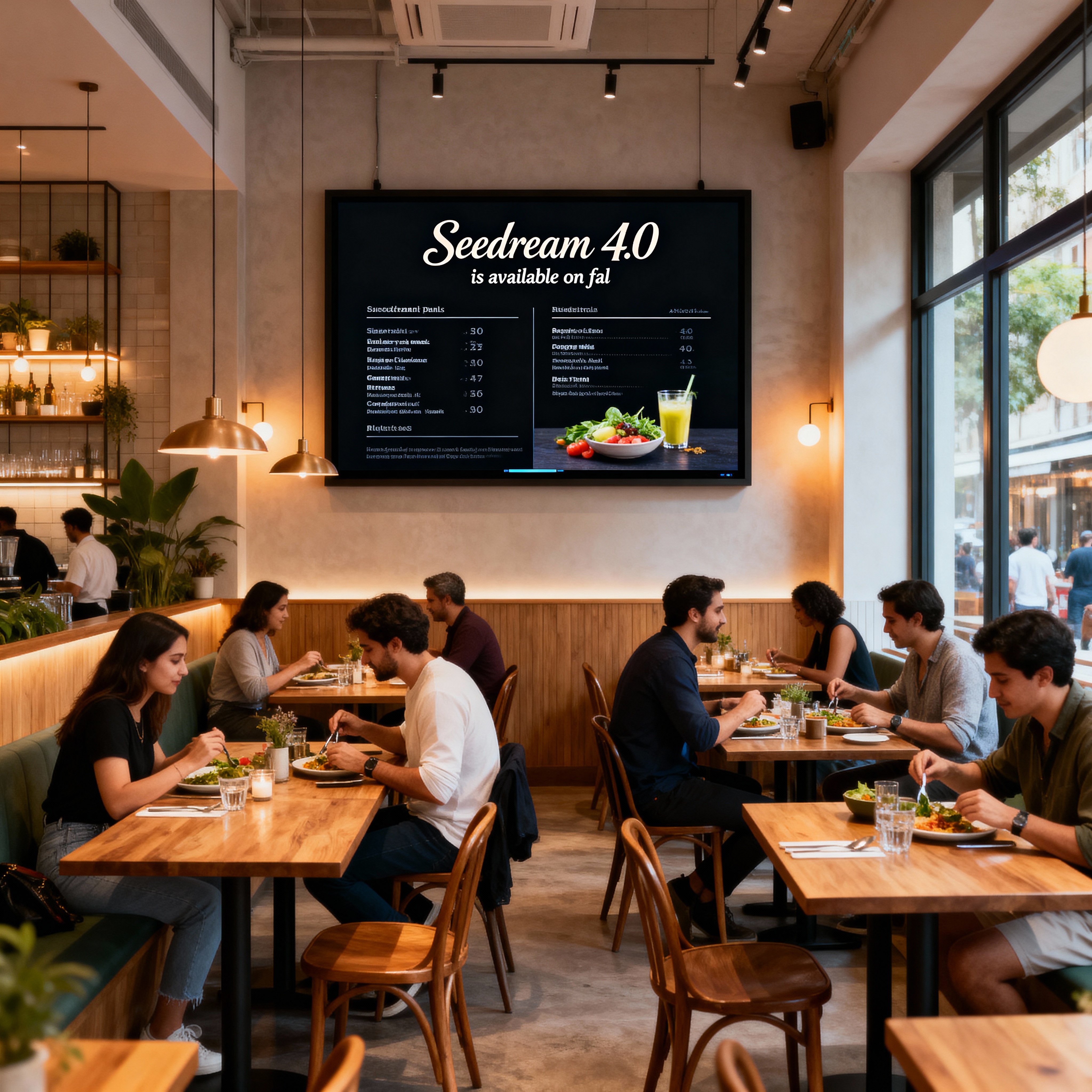 A restaurant with a digital menu board reading 'Seedream 4.0 is available on fal'.